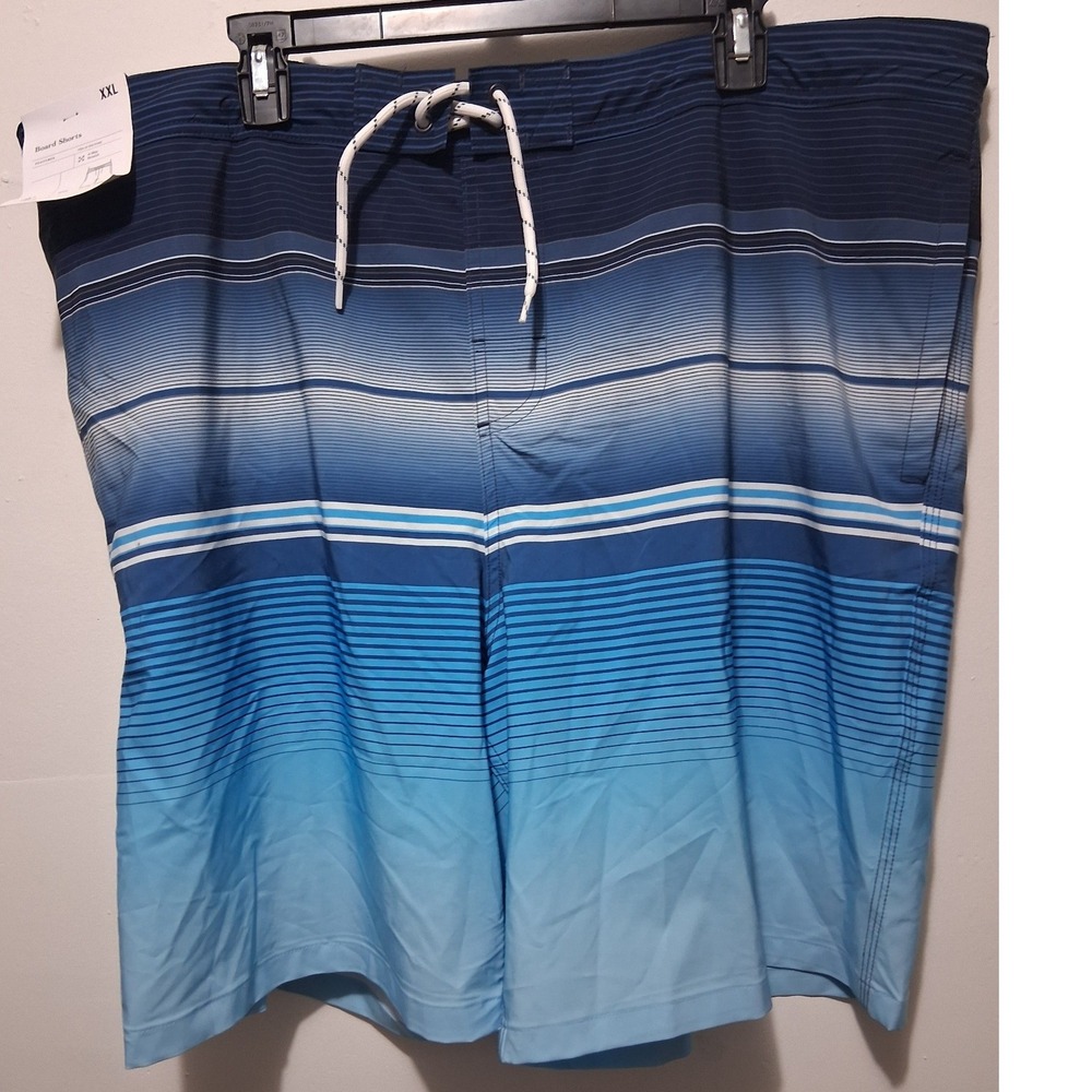 Men's 4 Pocket Blue Ombre Striped Board Shorts Swim Trunks XXL Vacation Beach